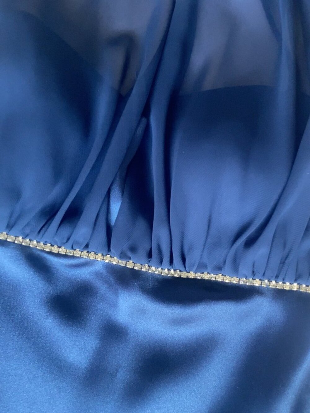 Vintage Y2K Betsy & Adam Linda Bernell Blue Satin Chiffon Rhinestone Halter Gown